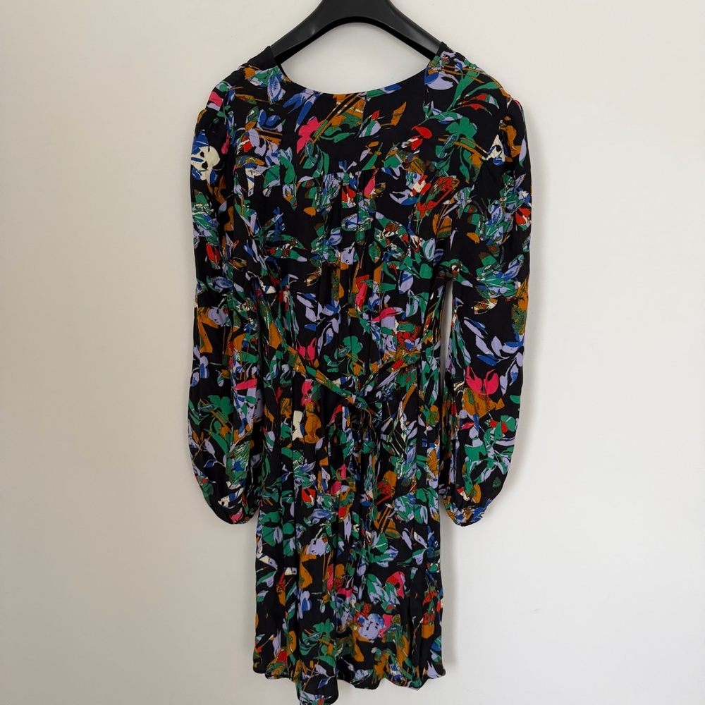 ICHI EcoVero Floral Print Short A-Line Dress Balloon Sleeve V-Neck Size 40 - Picture 7 of 11